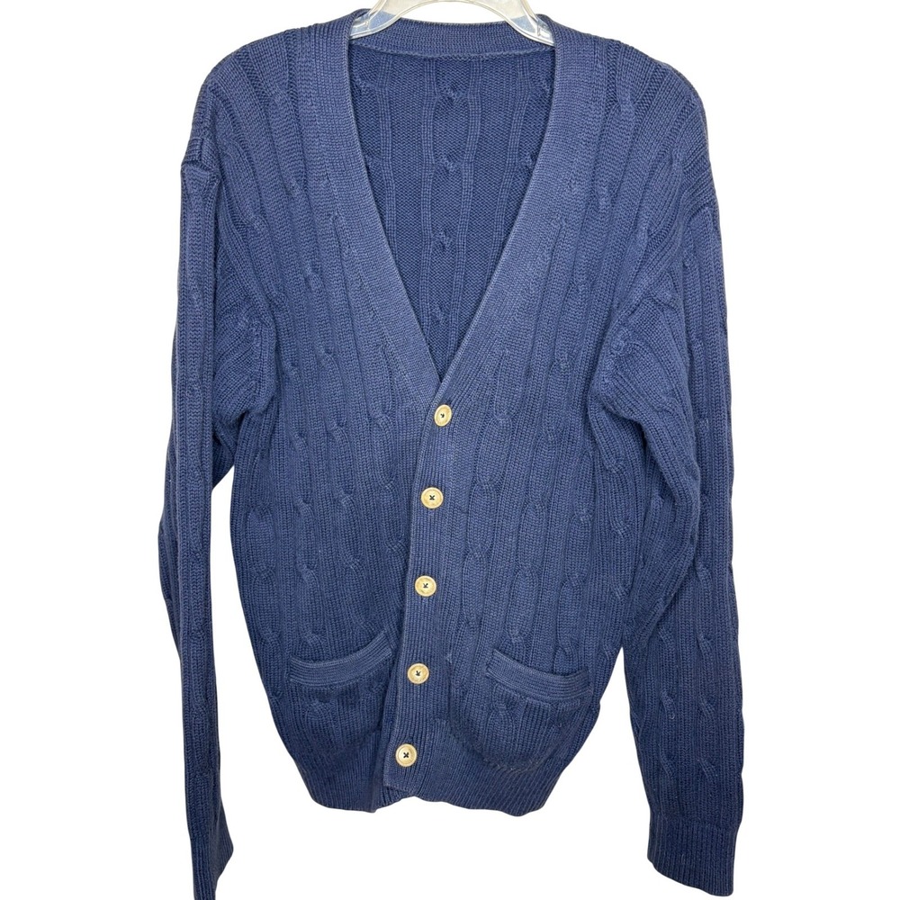Vintage B.D. Baggies Men's Blue Cable Knit Cardigan Sweater - RN 62830 - Large